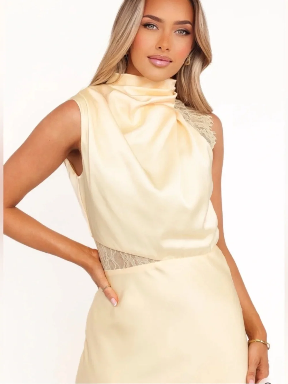 Petal & Pup Yellow Satin Asymmetric  Lace Sleeve Midi Cowl Neck Dress